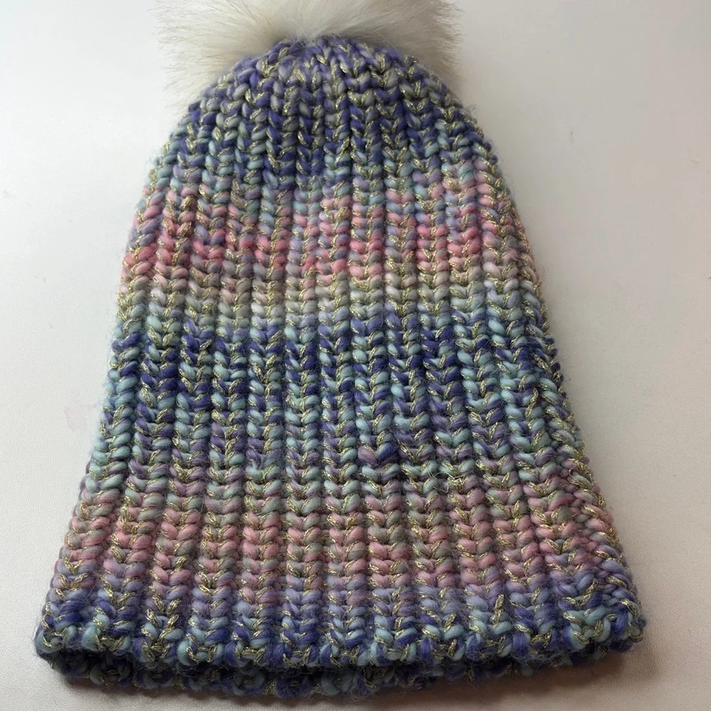Multicolor Knit Beanie with Pom Pom